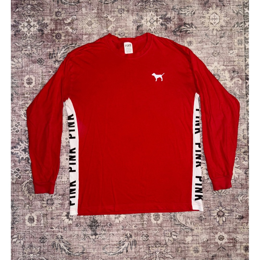Victoria's Secret PINK Oversized Long Sleeve Tee Red Side Logo Size Small
